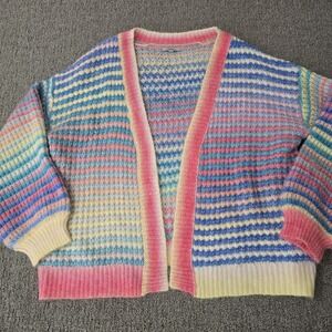 Pastel Rainbow Chunky Knit Cardigan Balloon Sleeve Open Front L